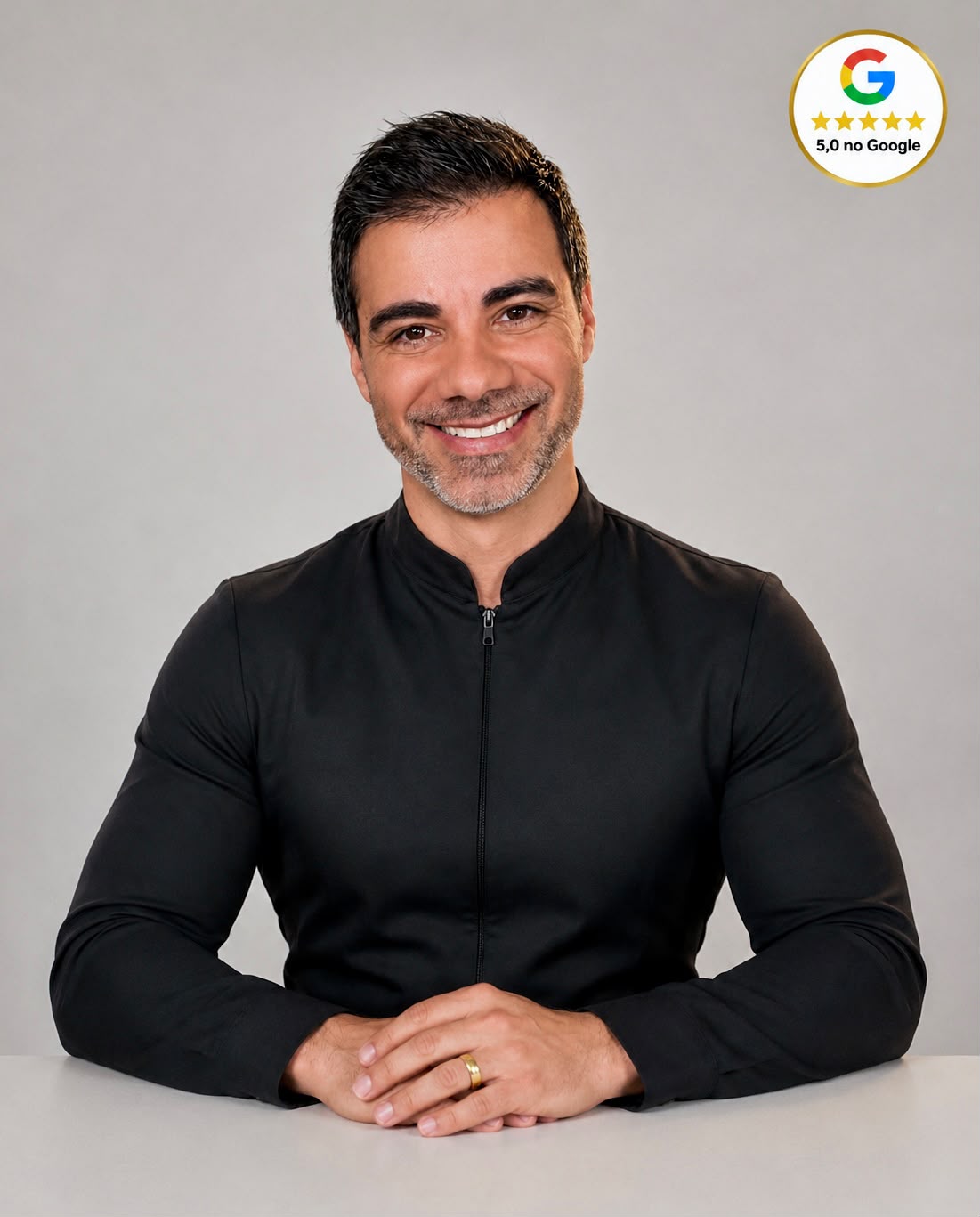 Dr. Ciro Capitani, cirurgião-dentista que realiza gengivoplastia em Santos, sorrindo em consultório de fundo branco, fotografia de retrato profissional